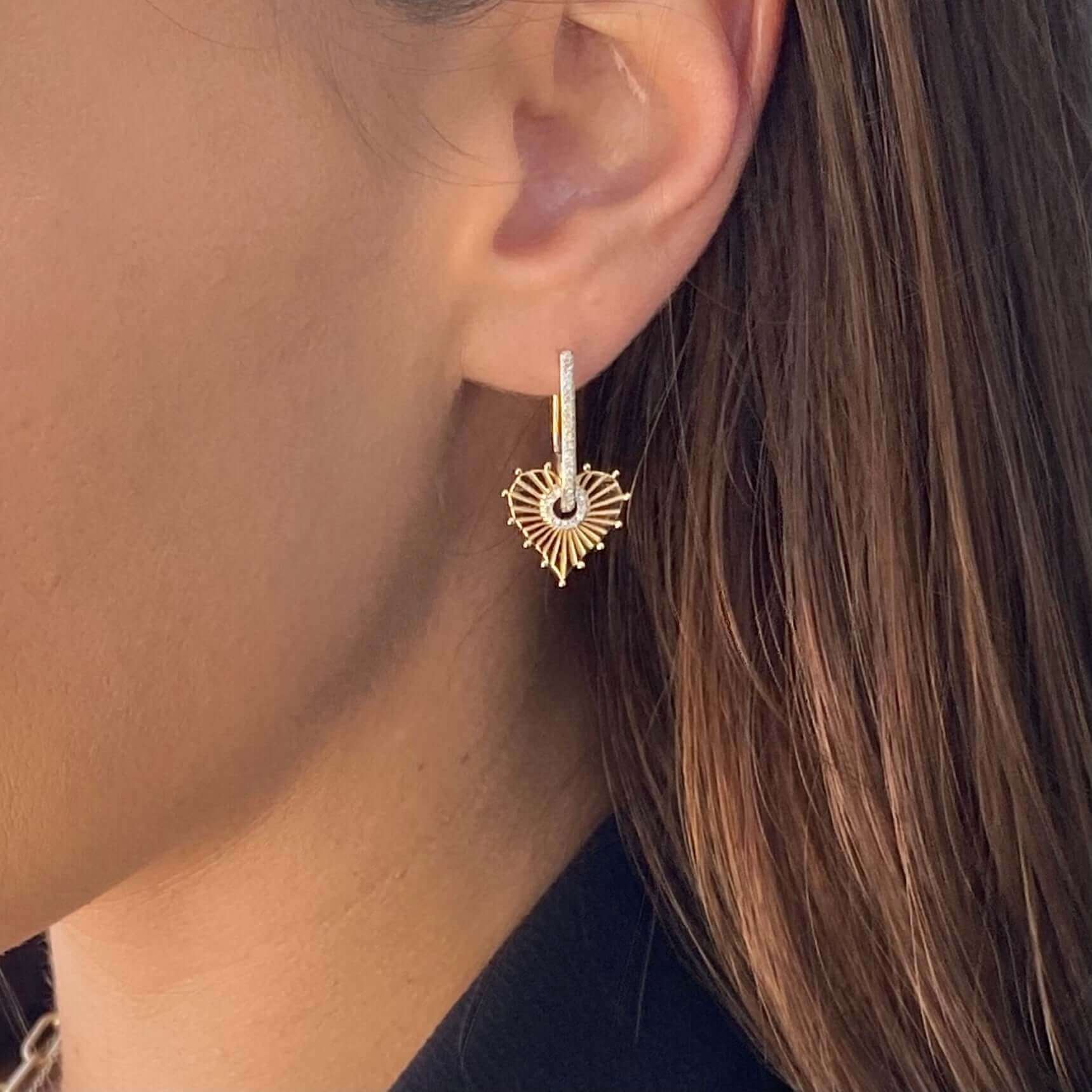 14K Gold Diamond Pave Heart Charm U Hoop Earrings - Earrings - Izakov Diamonds + Fine Jewelry
