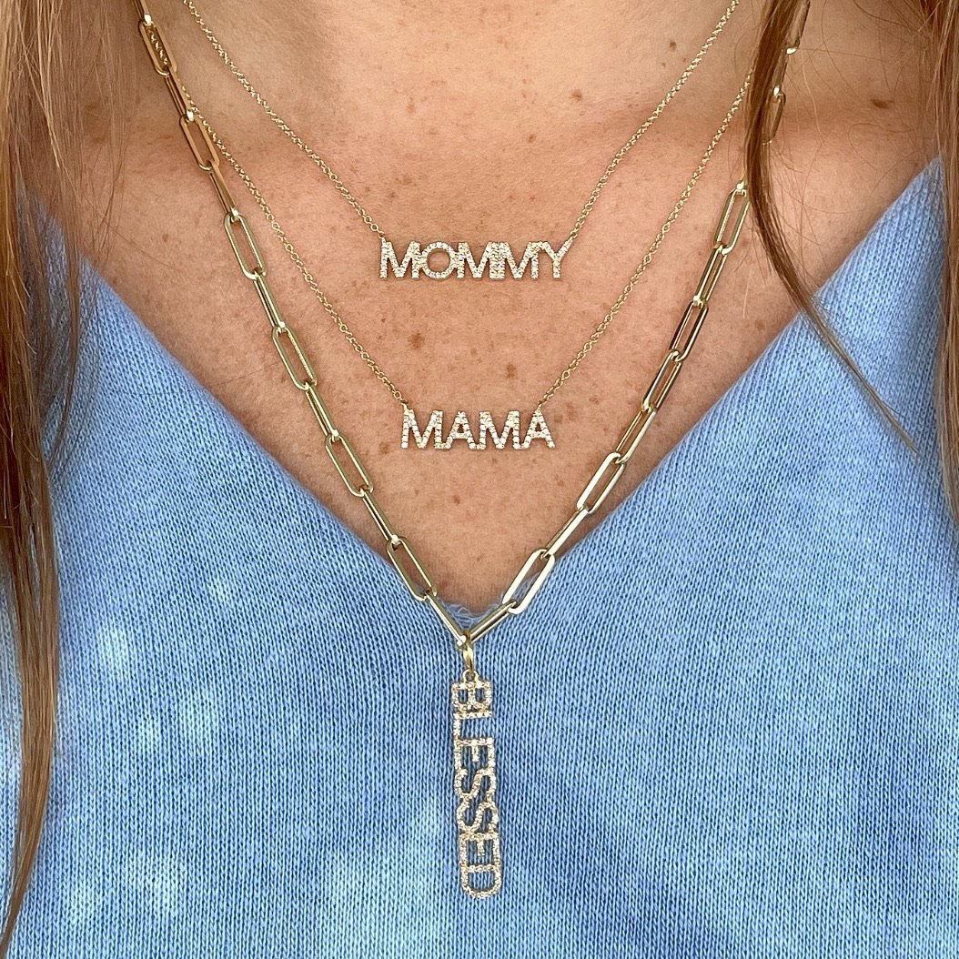 14K Gold Diamond Pave Mommy Statement Necklace Izakov Diamonds + Fine Jewelry