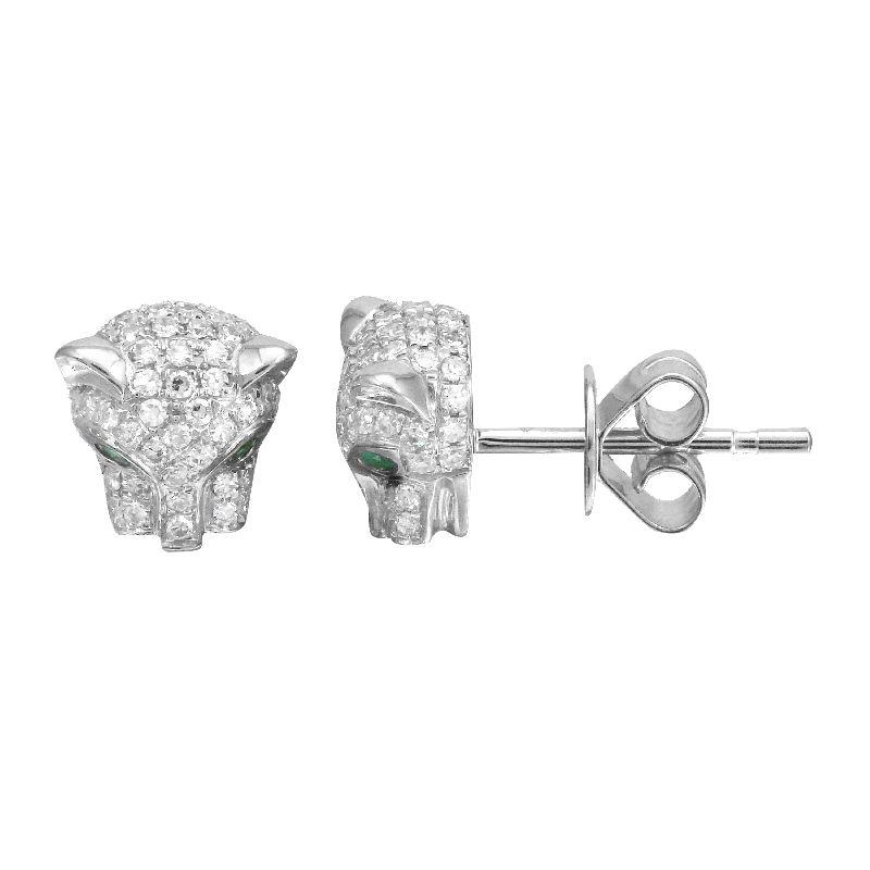 14K Gold Diamond Pave Panther Head Button Earrings White Gold Izakov Diamonds + Fine Jewelry