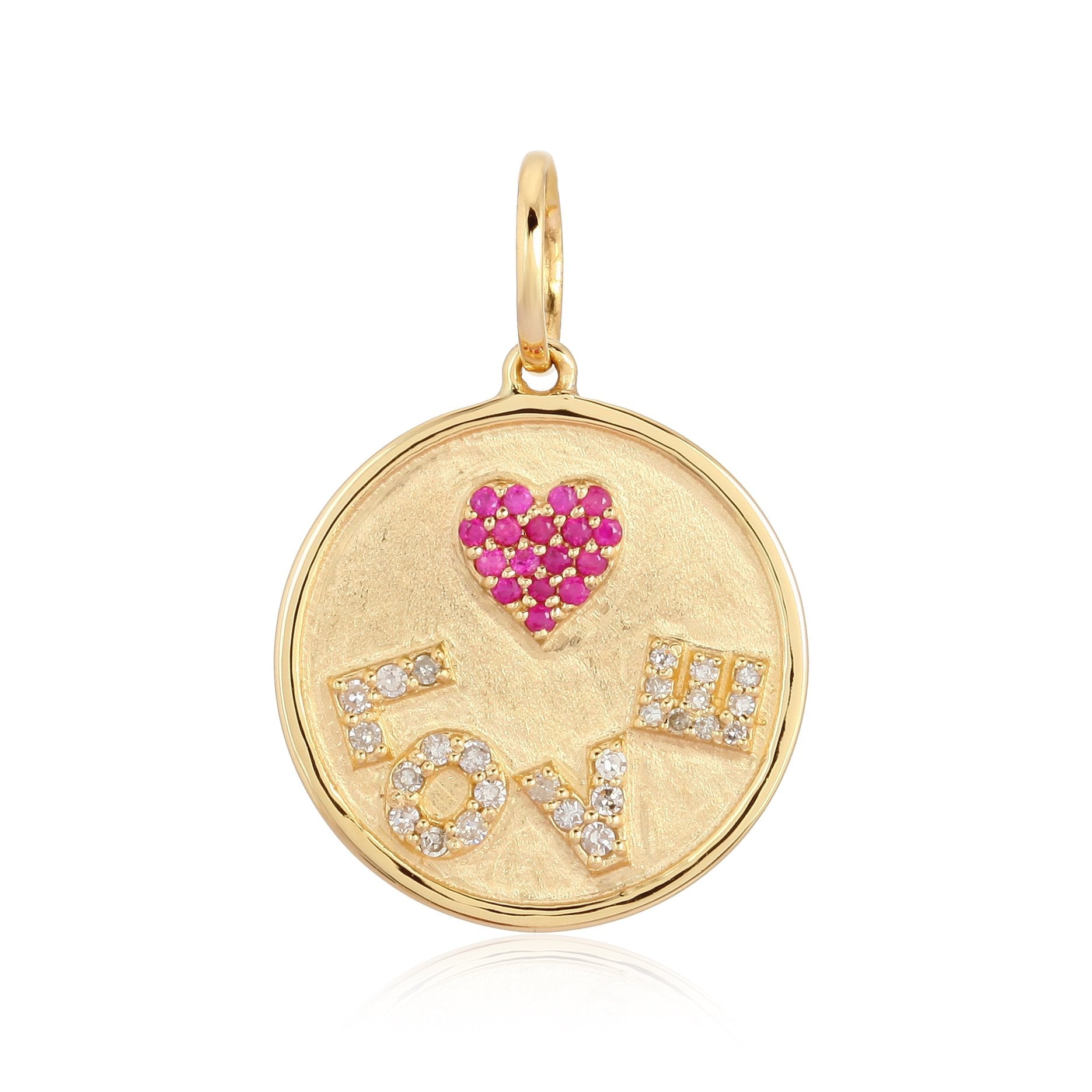 14K Gold Diamond + Ruby Pave Love Coin Necklace Charm Yellow Gold Izakov Diamonds + Fine Jewelry