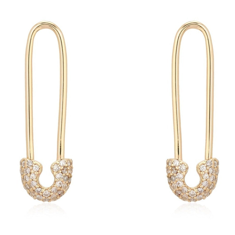 Safety Pin Earrings, 14K Gold, Diamonds
