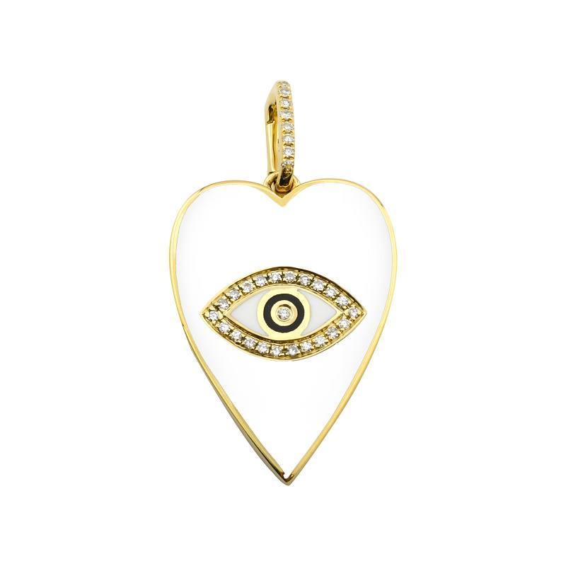 14K Gold Diamond White Enamel Eye Heart Charm Yellow Gold Izakov Diamonds + Fine Jewelry