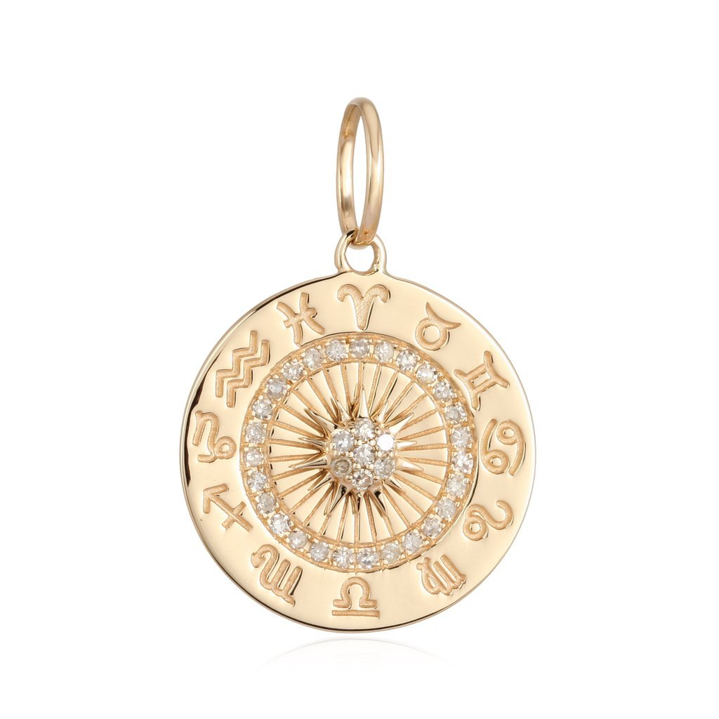 14K Gold Diamond Zodiac Medallion Necklace Charm Yellow Gold Izakov Diamonds + Fine Jewelry