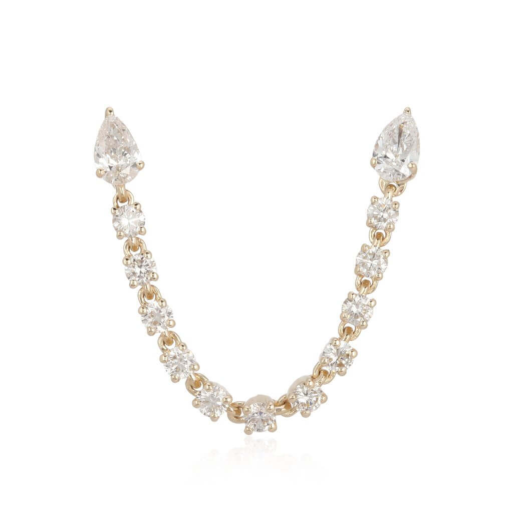 14K Gold Double Pear Shaped Stud Chained Diamonds Earring - Earrings - Izakov Diamonds + Fine Jewelry