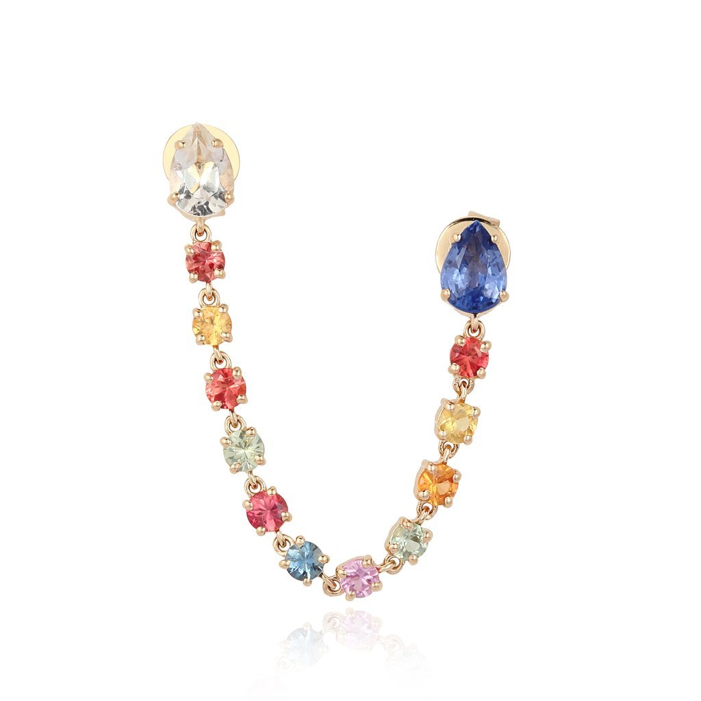 Double Pear Shaped Stud Chained Sapphire Earring Yellow Gold Izakov Diamonds + Fine Jewelry