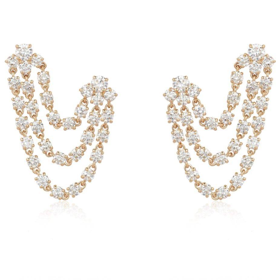 14K Gold Double Stud Chained Diamonds Earring - Earrings - Izakov Diamonds + Fine Jewelry