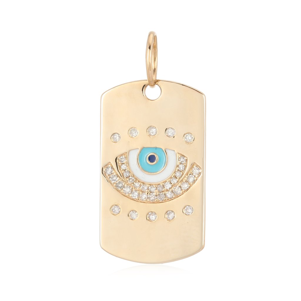14K Gold Enamel Evil Eye Tag Necklace Charm Yellow Gold Izakov Diamonds + Fine Jewelry