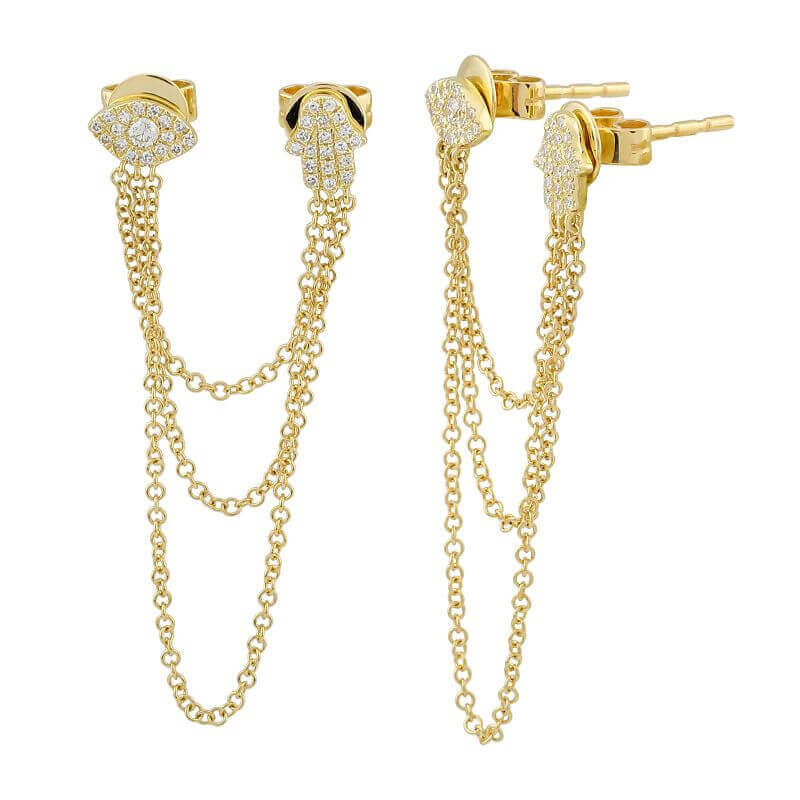 14k Gold Evil Eye & Hamsa Chained Diamond Earring - Earrings - Izakov Diamonds + Fine Jewelry