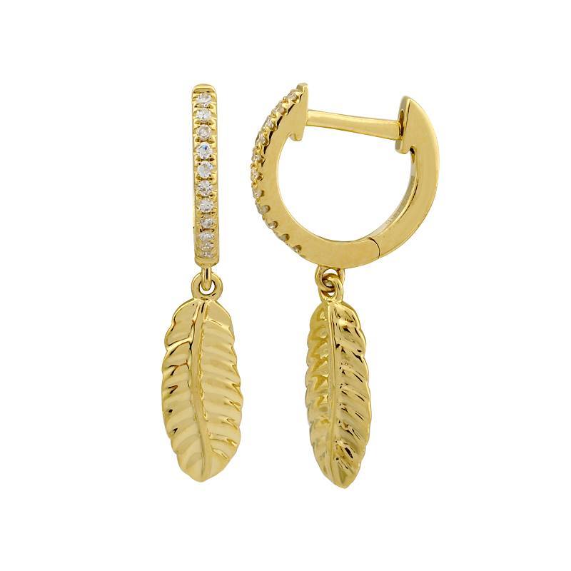 14K Gold Feather Pave Diamond Huggies - Earrings - Izakov Diamonds + Fine Jewelry