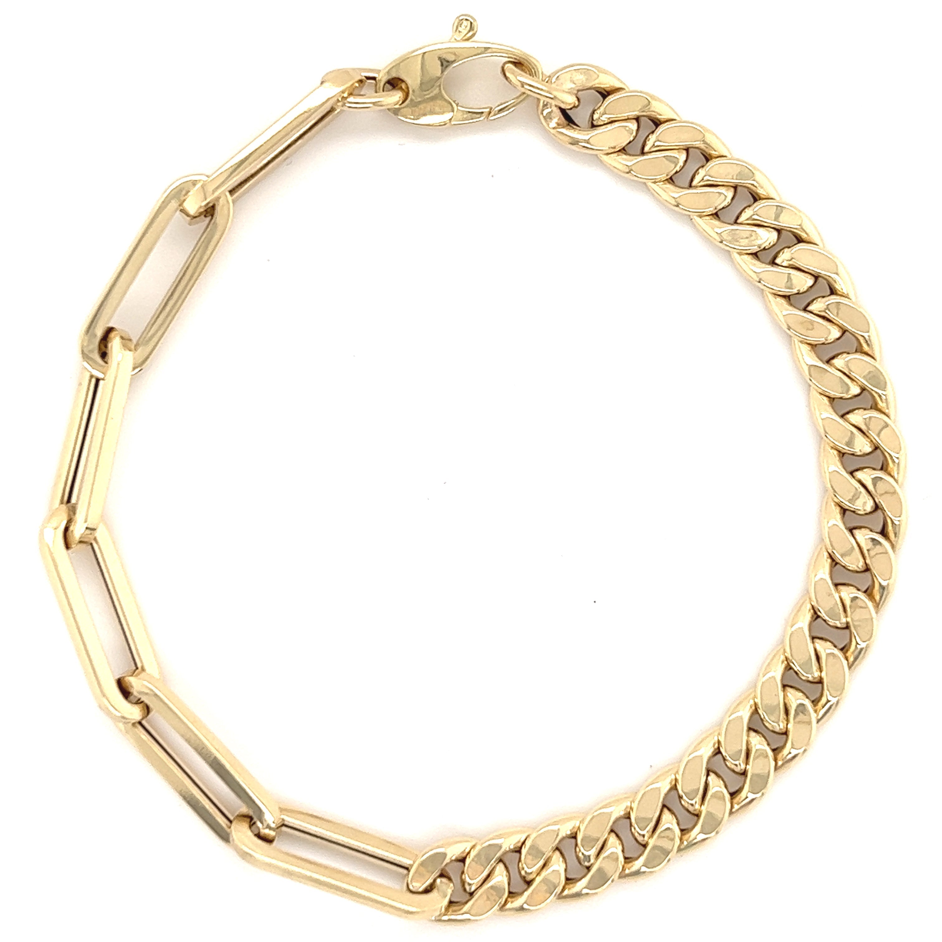 14K Gold Half Cuban Half Paper Clip Link Bracelet 7" / Yellow Gold Izakov Diamonds + Fine Jewelry