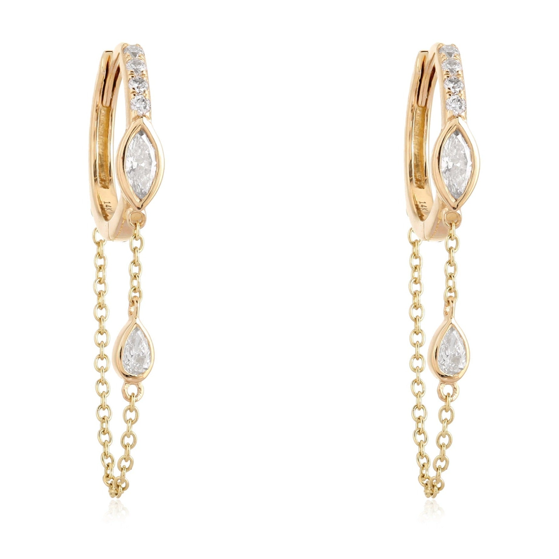 14K Gold Marquise + Pear Diamond Chained Huggies Izakov Diamonds + Fine Jewelry
