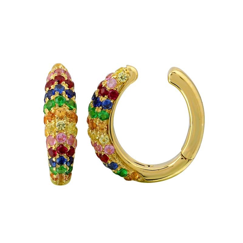 14K Gold Micro Pave 6-Row Gemstone Rainbow Dome Cuff Earring Yellow Gold Izakov Diamonds + Fine Jewelry