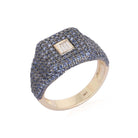 14K Gold Micro Pave Blue Sapphire + Baguette Diamond Signet Ring - Rings - Izakov Diamonds + Fine Jewelry