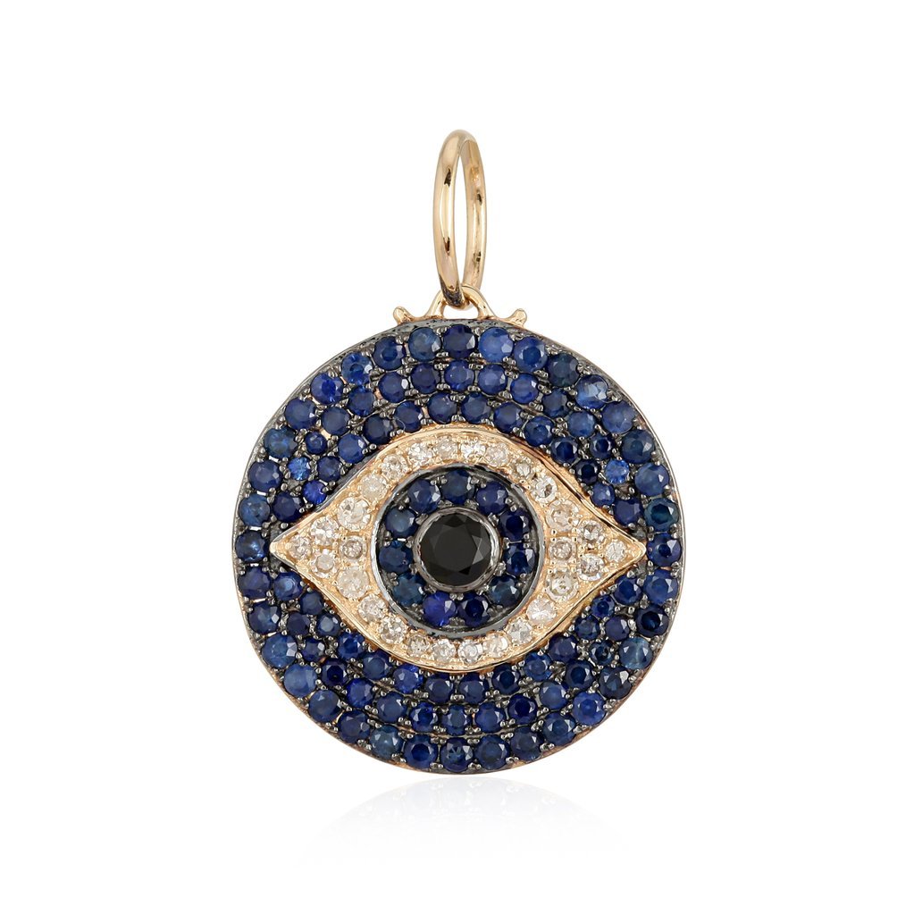 14K Gold Micro Pave Blue Sapphire Evil Eye Diamond Necklace Charm Yellow Gold Izakov Diamonds + Fine Jewelry