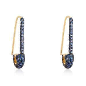 14K Gold Micro Pave Blue Sapphire Large Safety Pin Earrings - Earrings - Izakov Diamonds + Fine Jewelry