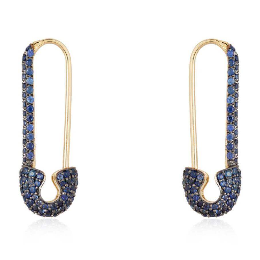 14K Gold Micro Pave Blue Sapphire Safety Pin Earrings Single / Yellow Gold Izakov Diamonds + Fine Jewelry