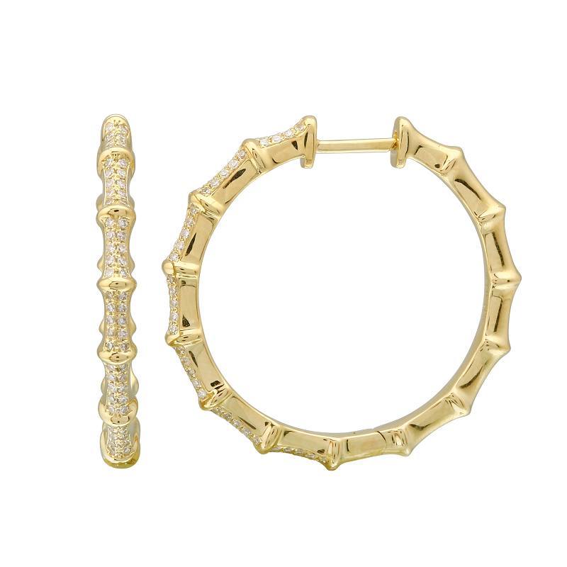 14K Gold Micro Pave Diamond Bamboo Hoop Earrings (25MM) Yellow Gold Izakov Diamonds + Fine Jewelry