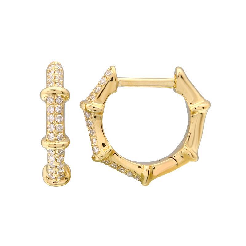 14K Gold Micro Pave Diamond Bamboo Huggie Earrings - Earrings - Izakov Diamonds + Fine Jewelry