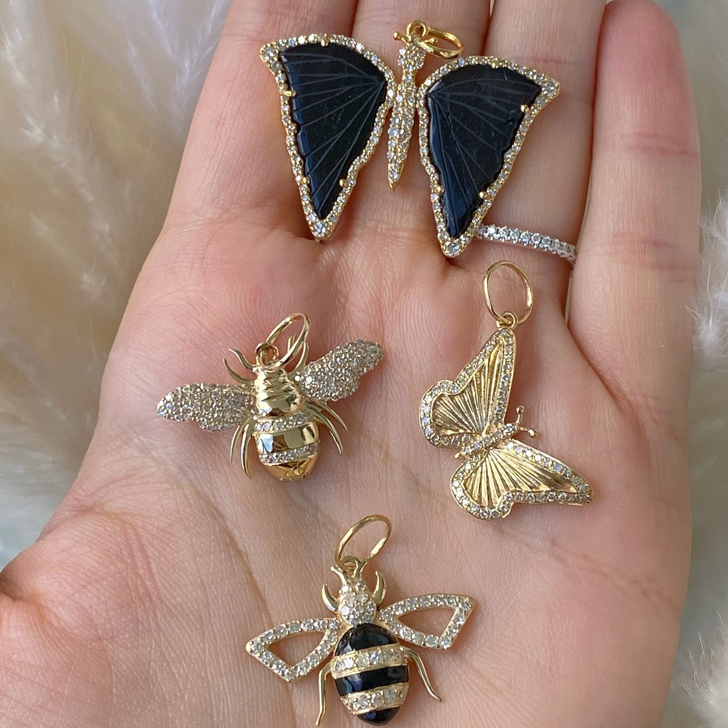 14K Gold Micro Pave Diamond Bee Necklace Charm Yellow Gold Izakov Diamonds + Fine Jewelry