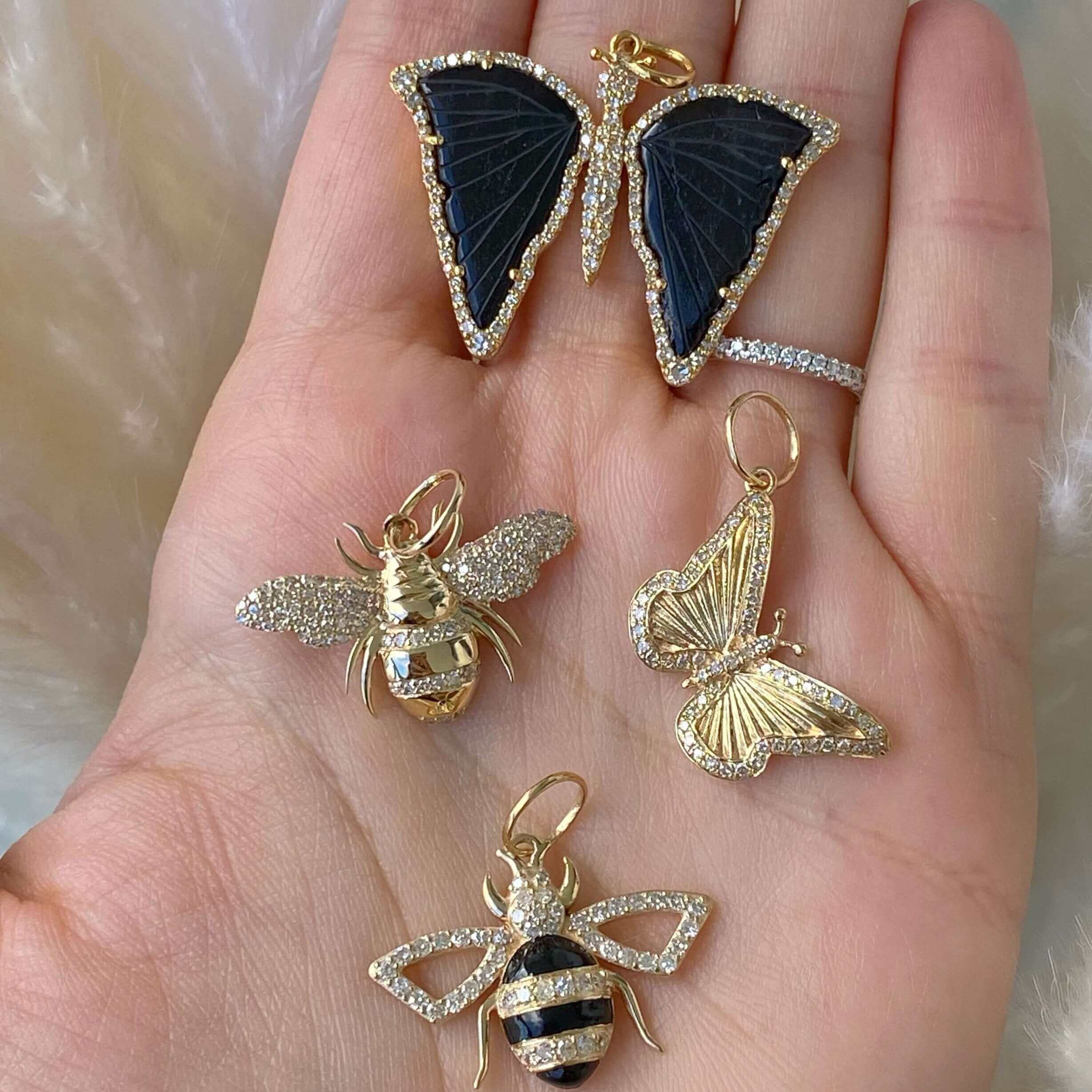 14K Gold Micro Pave Diamond Bee Necklace Charm Yellow Gold Izakov Diamonds + Fine Jewelry