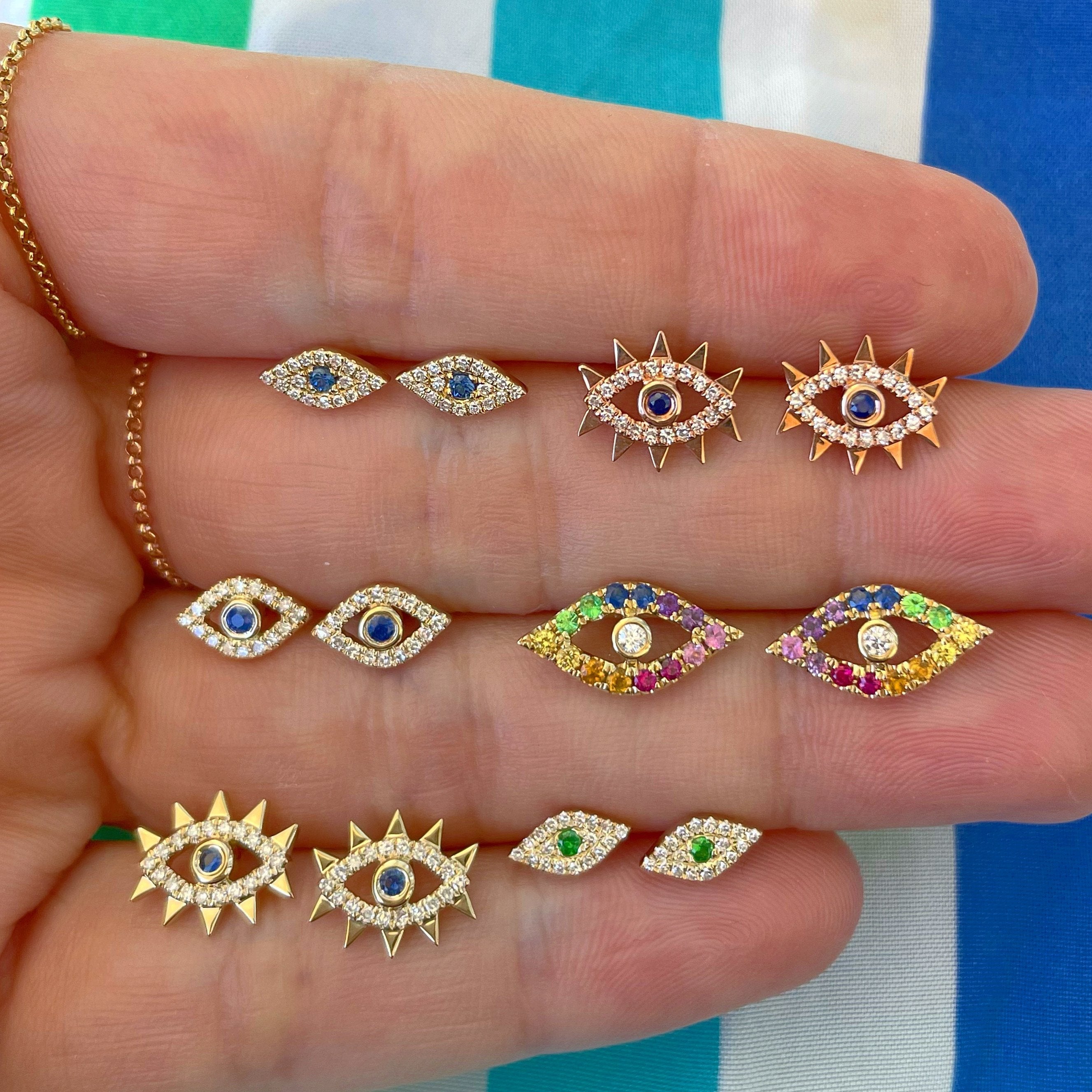 14K Gold Micro Pave Diamond Blue Evil Eyes Earrings - Earrings - Izakov Diamonds + Fine Jewelry