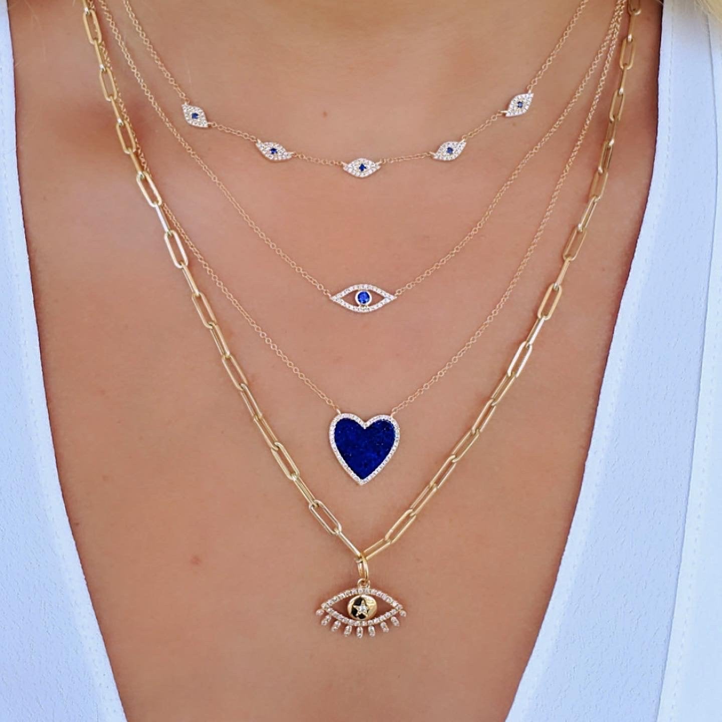 14K Gold Micro Pave Diamond Blue Evil Eyes Necklace Izakov Diamonds + Fine Jewelry