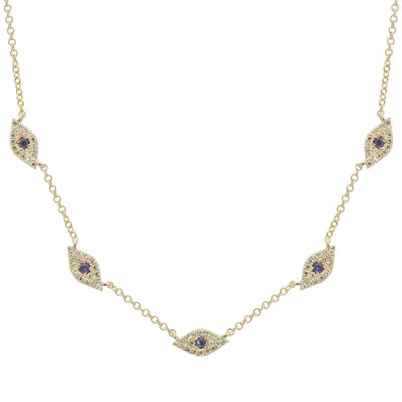 14K Gold Micro Pave Diamond Blue Evil Eyes Necklace Yellow Gold Izakov Diamonds + Fine Jewelry