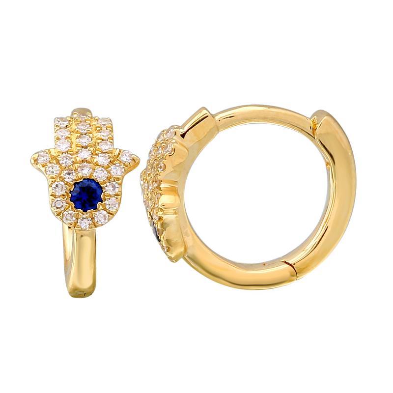 14K Gold Micro Pave Diamond Blue Hamsa Huggies Yellow Gold Izakov Diamonds + Fine Jewelry