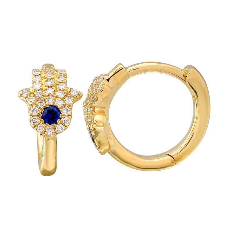 14K Gold Micro Pave Diamond Blue Hamsa Huggies - Earrings - Izakov Diamonds + Fine Jewelry