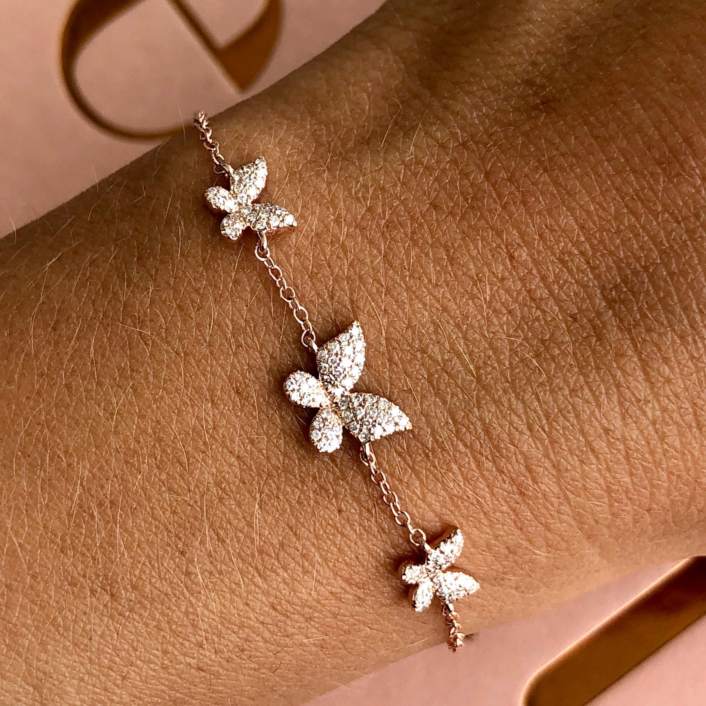 14K Gold Micro Pave Diamond Butterflies Trio Bracelet Izakov Diamonds + Fine Jewelry