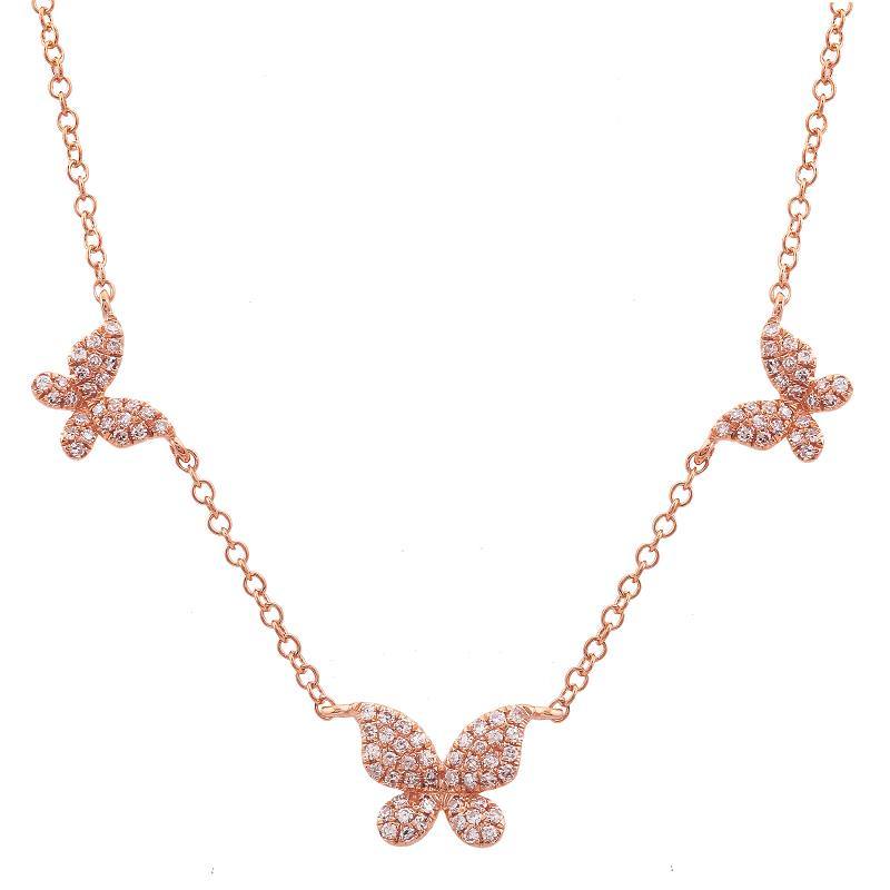 14K Gold Micro Pave Diamond Butterflies Trio Necklace Rose Gold Izakov Diamonds + Fine Jewelry