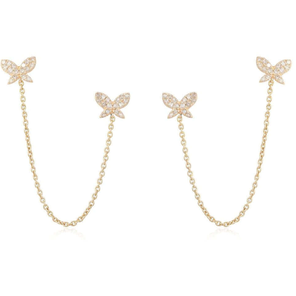 14K Gold Micro Pave Diamond Butterfly Chained Double Earrings Yellow Gold Izakov Diamonds + Fine Jewelry