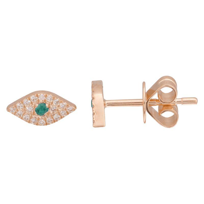 14K Gold Micro Pave Diamond Green Evil Eyes Earrings Rose Gold Izakov Diamonds + Fine Jewelry