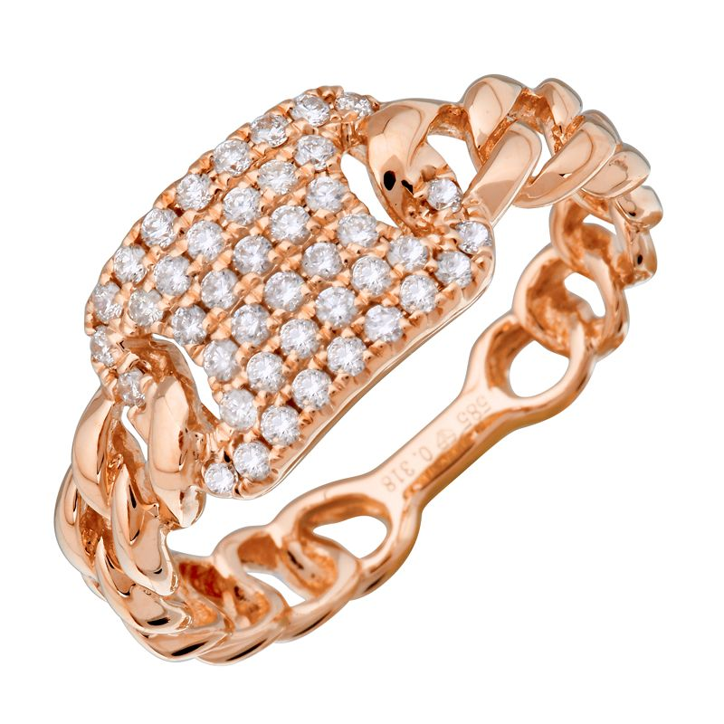 14K Gold Micro Pave Diamond ID Tag Cuban Link Ring Rose Gold Izakov Diamonds + Fine Jewelry