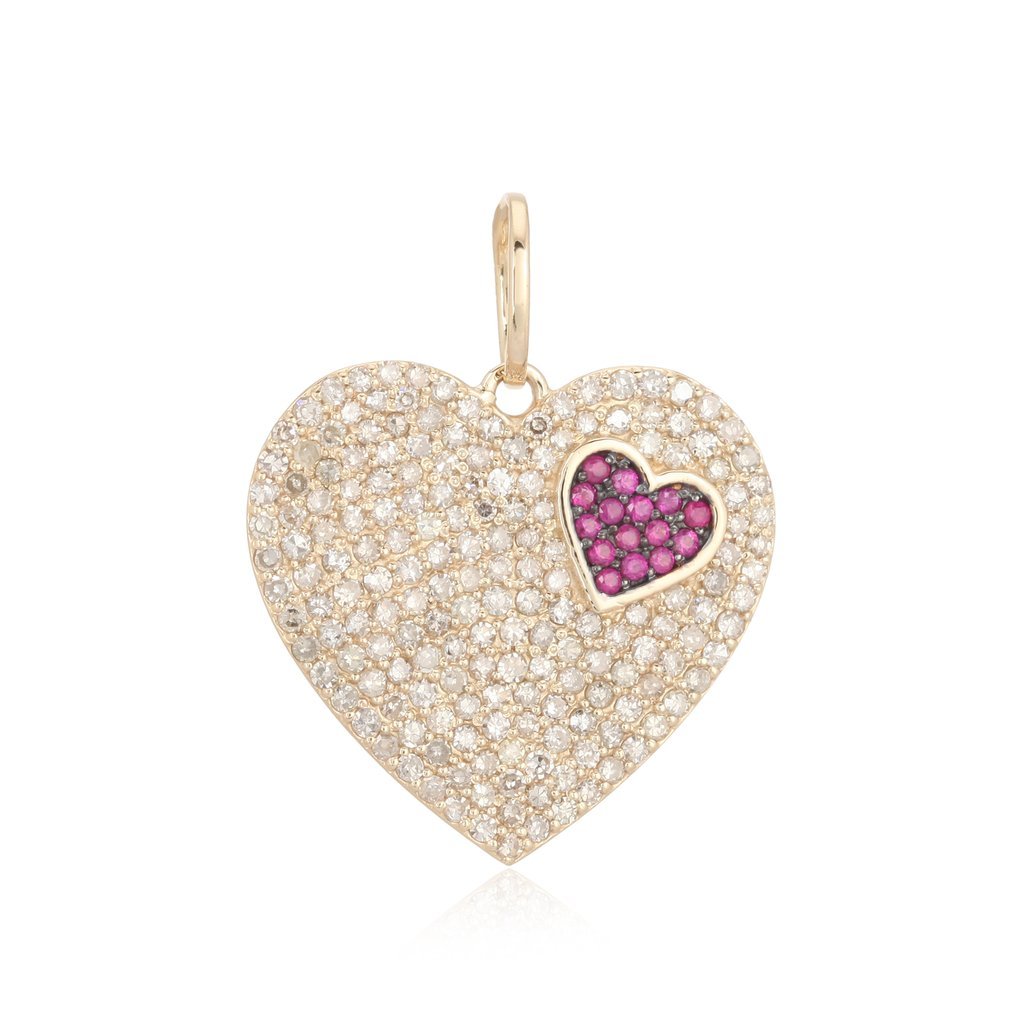 14K Gold Micro Pave Diamond + Ruby Hearts Necklace Charm Yellow Gold Izakov Diamonds + Fine Jewelry