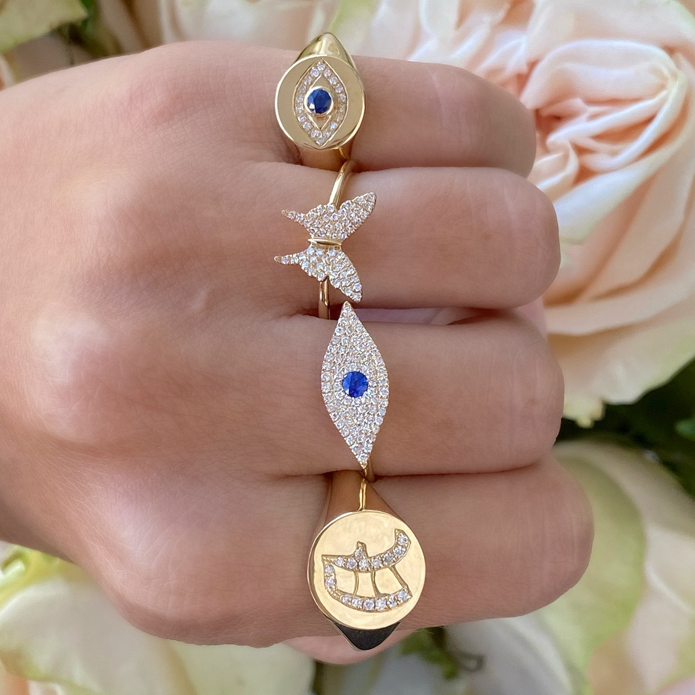14K Gold Micro Pave Diamond Sapphire Evil Eye Ring Izakov Diamonds + Fine Jewelry
