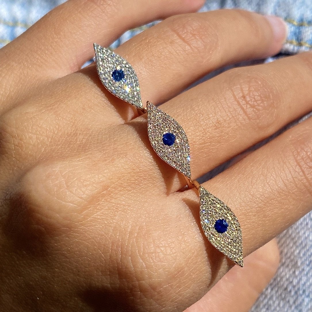 14K Gold Micro Pave Diamond Sapphire Evil Eye Ring Izakov Diamonds + Fine Jewelry