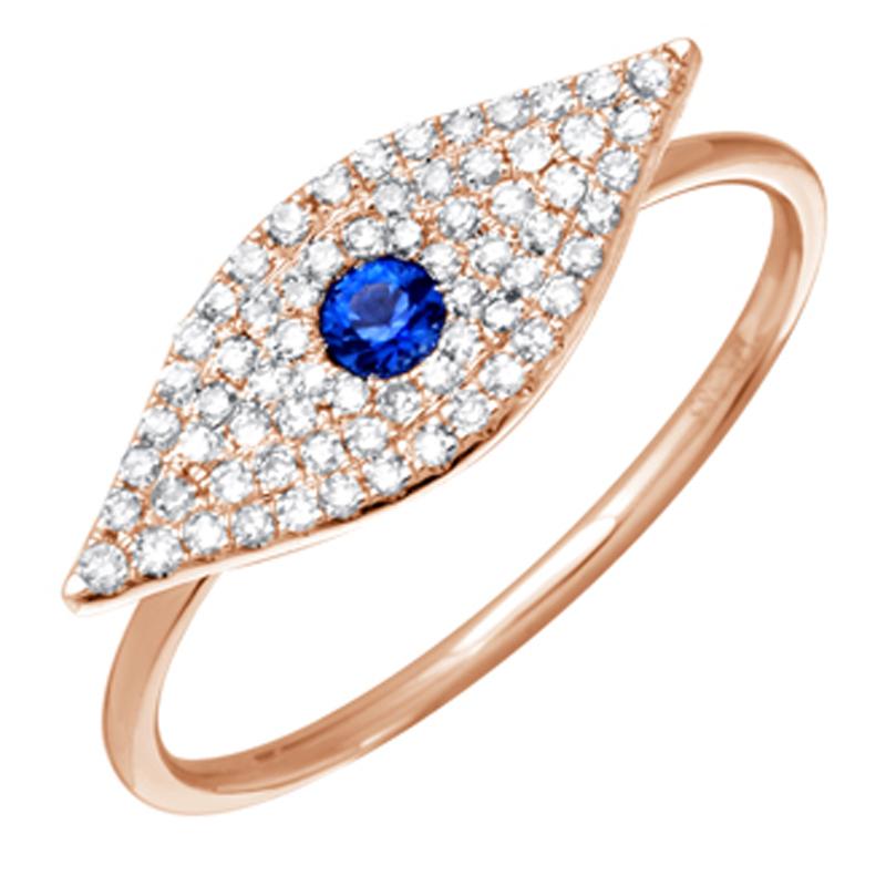 14K Gold Micro Pave Diamond Sapphire Evil Eye Ring 3 / Rose Gold Izakov Diamonds + Fine Jewelry
