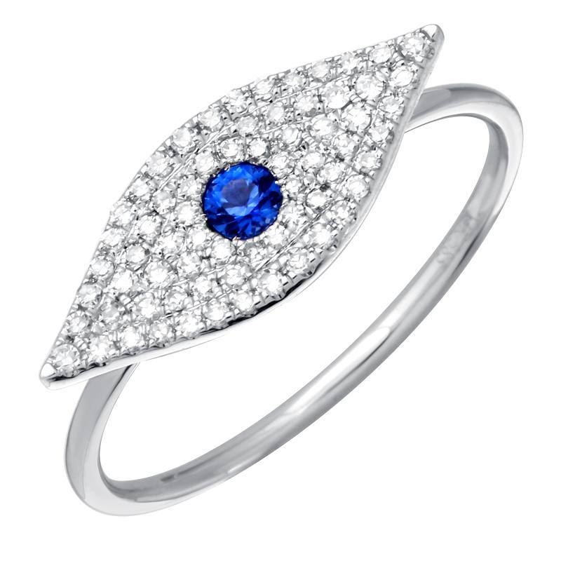 14K Gold Micro Pave Diamond Sapphire Evil Eye Ring 3 / White Gold Izakov Diamonds + Fine Jewelry
