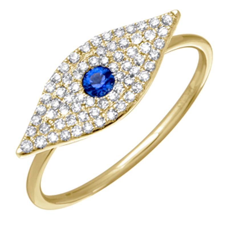 14K Gold Micro Pave Diamond Sapphire Evil Eye Ring 3 / Yellow Gold Izakov Diamonds + Fine Jewelry