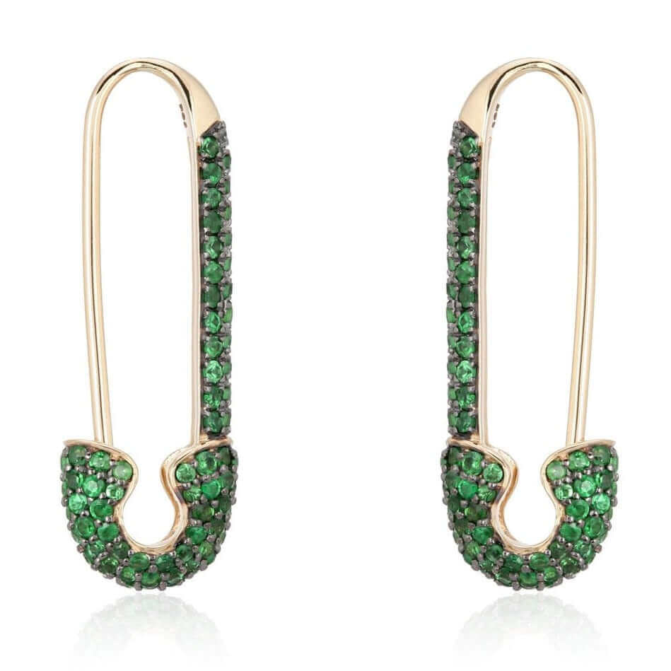 14K Gold Micro Pave Green Tsavorite Large Safety Pin Earrings - Earrings - Izakov Diamonds + Fine Jewelry