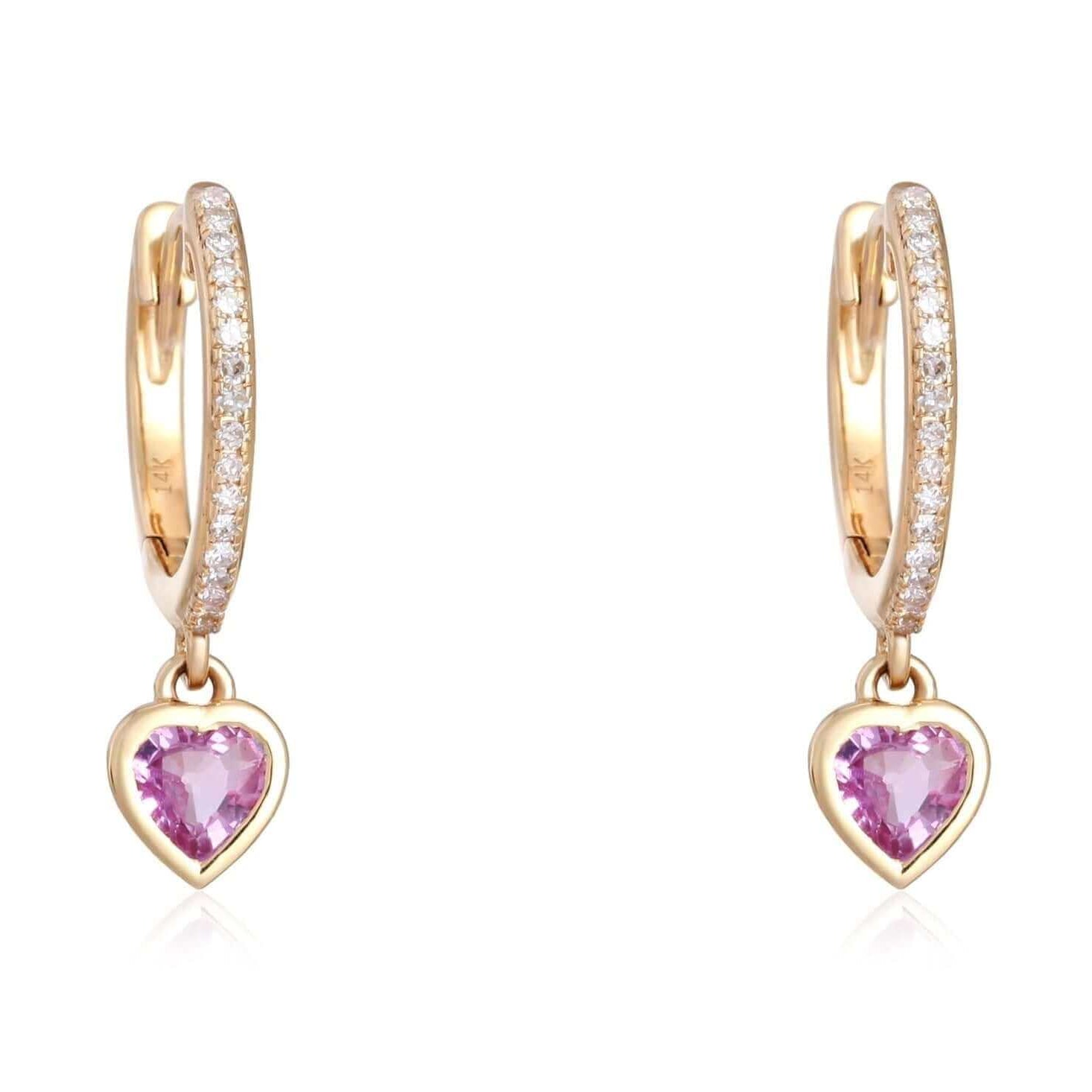 14K Gold Micro Pave Heart Shaped Pink Sapphire Drop Huggies - Earrings - Izakov Diamonds + Fine Jewelry