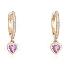 14K Gold Micro Pave Heart Shaped Pink Sapphire Drop Huggies Yellow Gold Izakov Diamonds + Fine Jewelry