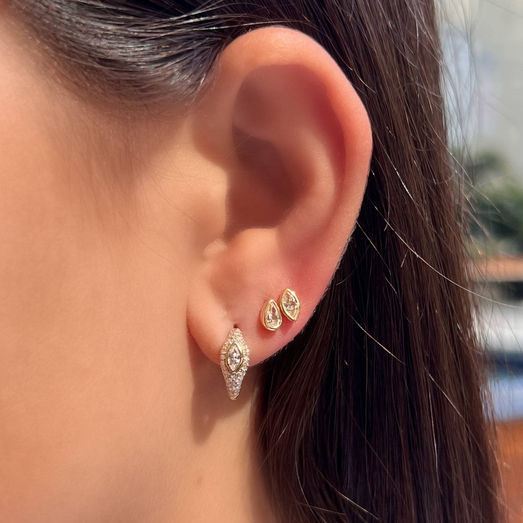 14K Gold Micro Pave Marquise Diamond Dome Huggies - Earrings - Izakov Diamonds + Fine Jewelry