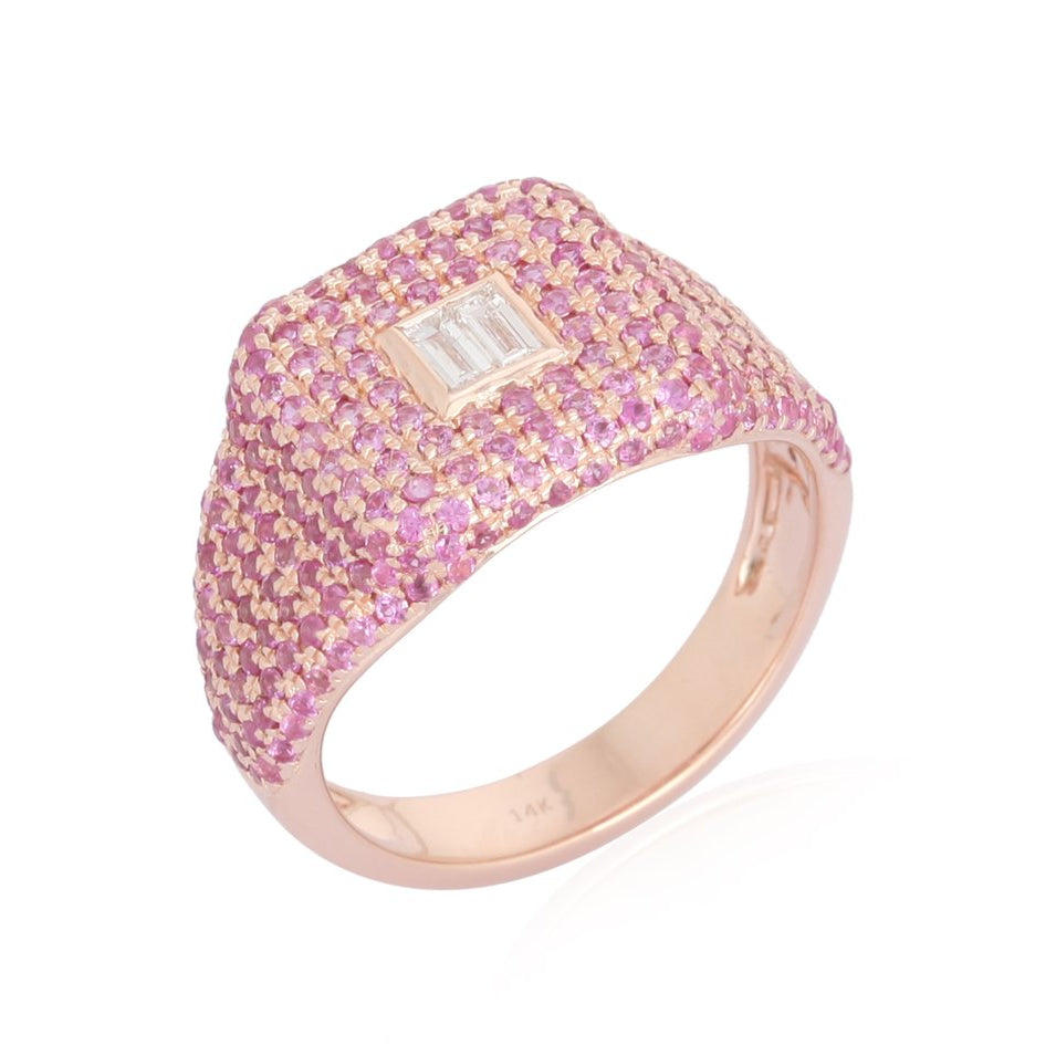 14K Gold Micro Pave Pink Sapphire + Baguette Diamond Signet Ring Izakov Diamonds + Fine Jewelry