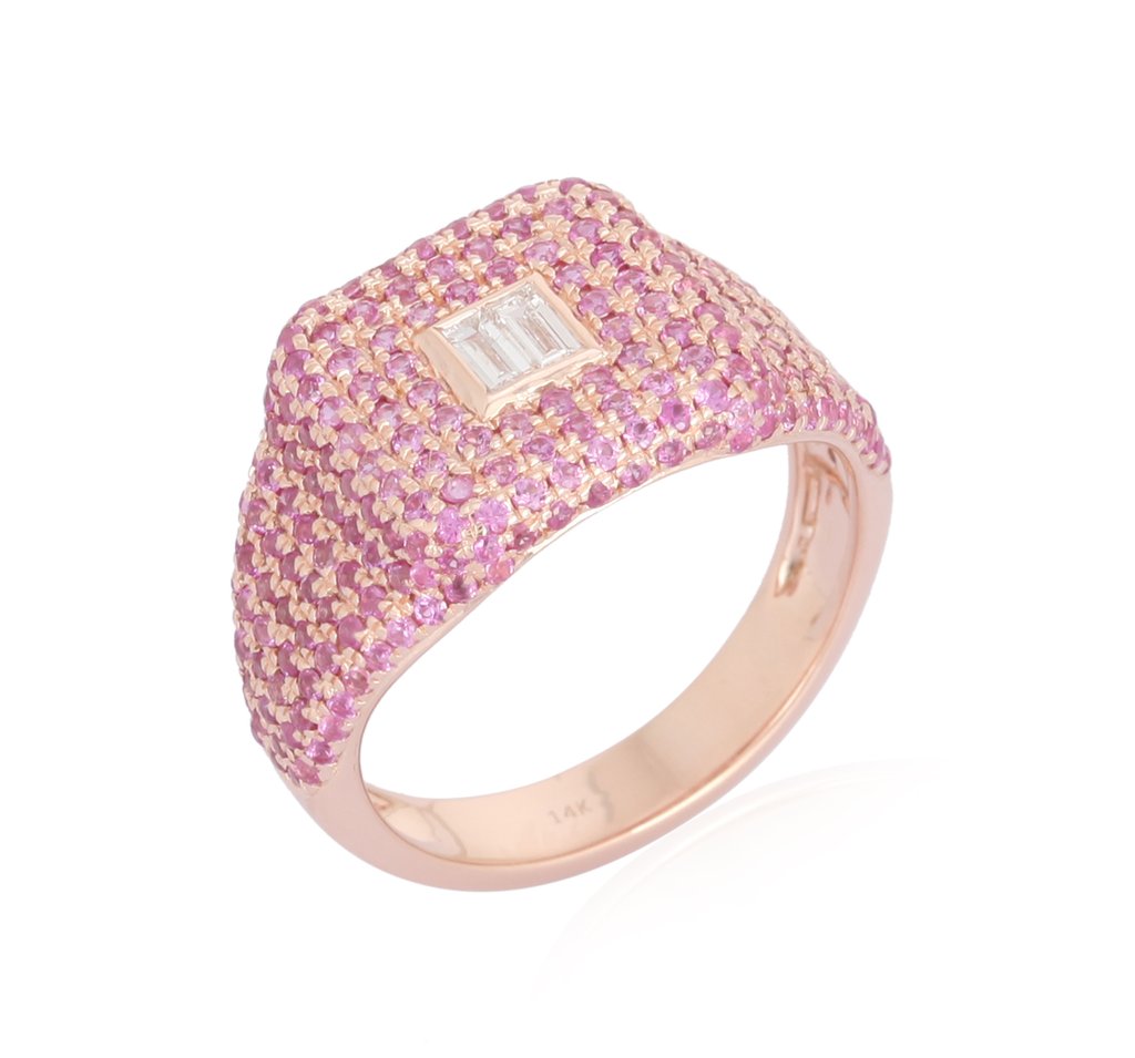 14K Gold Micro Pave Pink Sapphire + Baguette Diamond Signet Ring Izakov Diamonds + Fine Jewelry