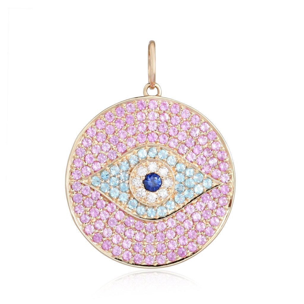 14K Gold Micro Pave Pink Sapphire Evil Eye Necklace Charm Yellow Gold Izakov Diamonds + Fine Jewelry