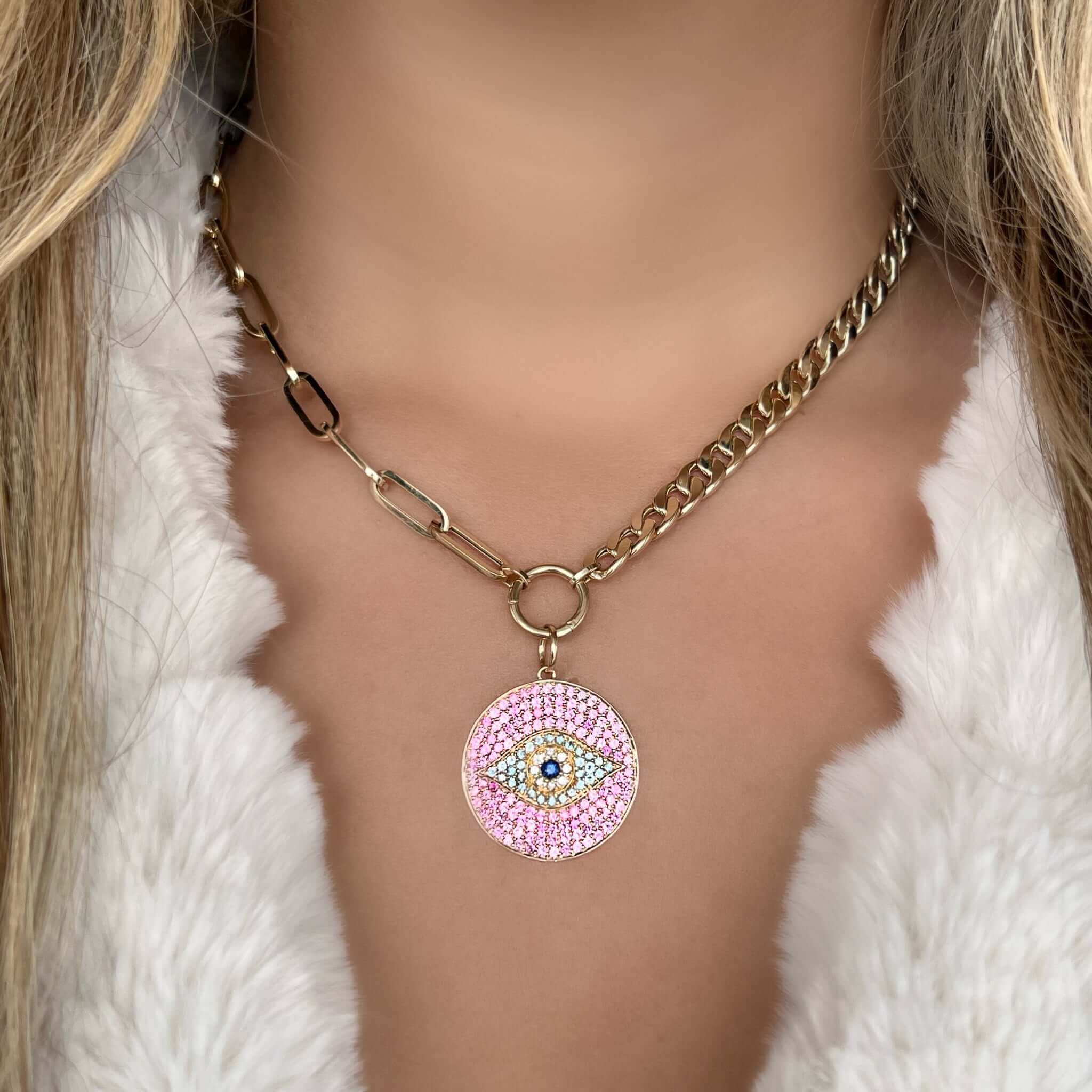 14K Gold Micro Pave Pink Sapphire Evil Eye Necklace Charm - Charms & Pendants - Izakov Diamonds + Fine Jewelry