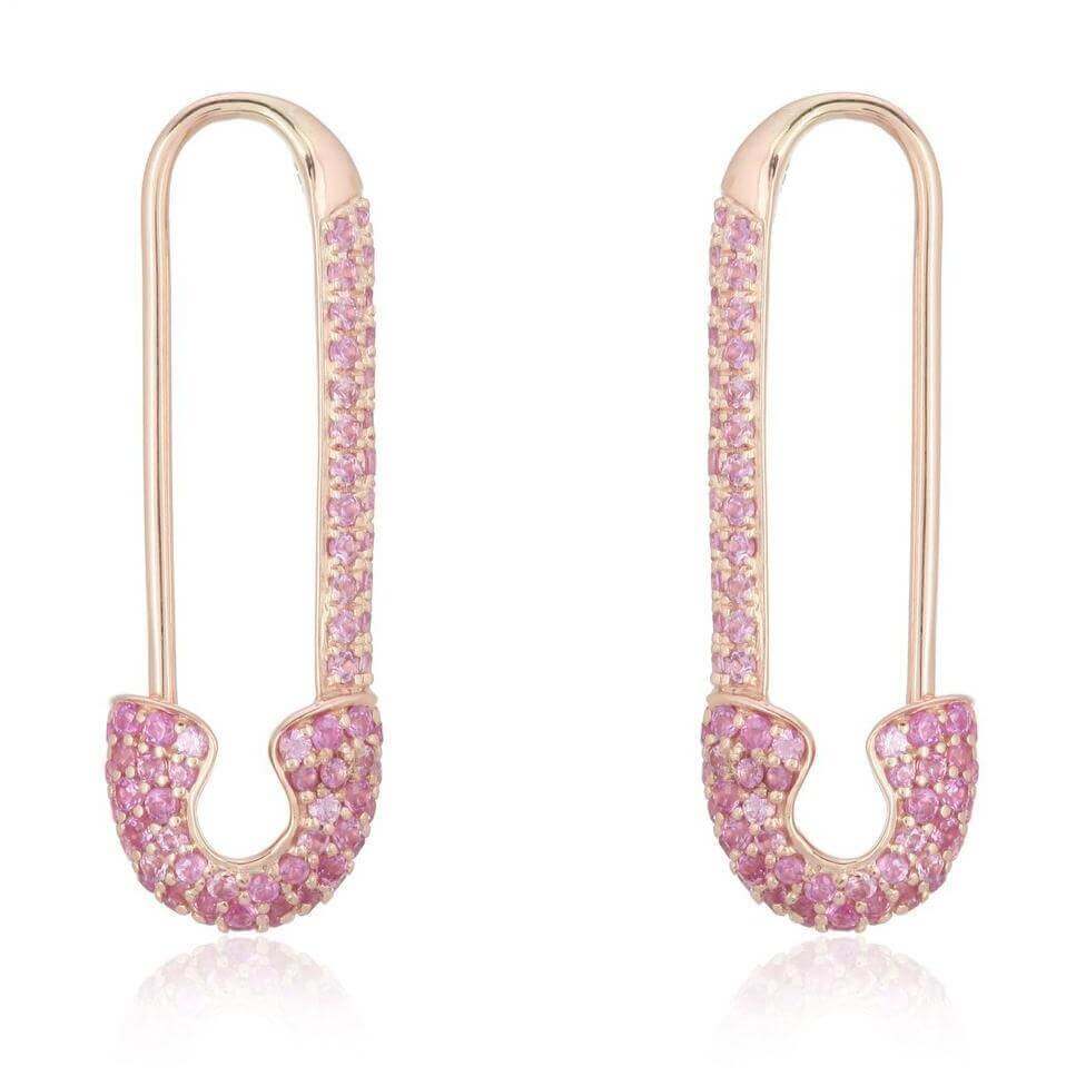 14K Gold Micro Pave Pink Sapphire Large Safety Pin Earrings - Earrings - Izakov Diamonds + Fine Jewelry