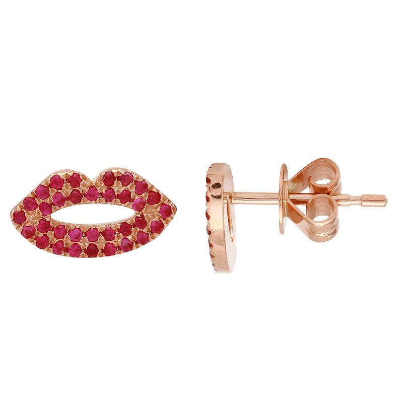 14K Gold Micro Pave Ruby Lips Button Earrings Rose Gold Izakov Diamonds + Fine Jewelry